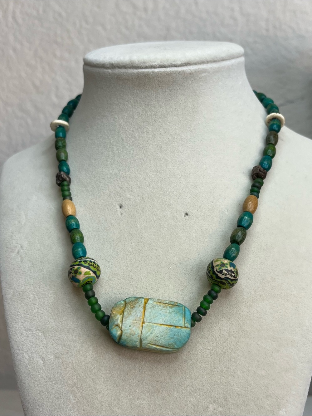 Vintage Blue Carved Soap Stone Scarab Beetle Egyptian Revival Choker 15”